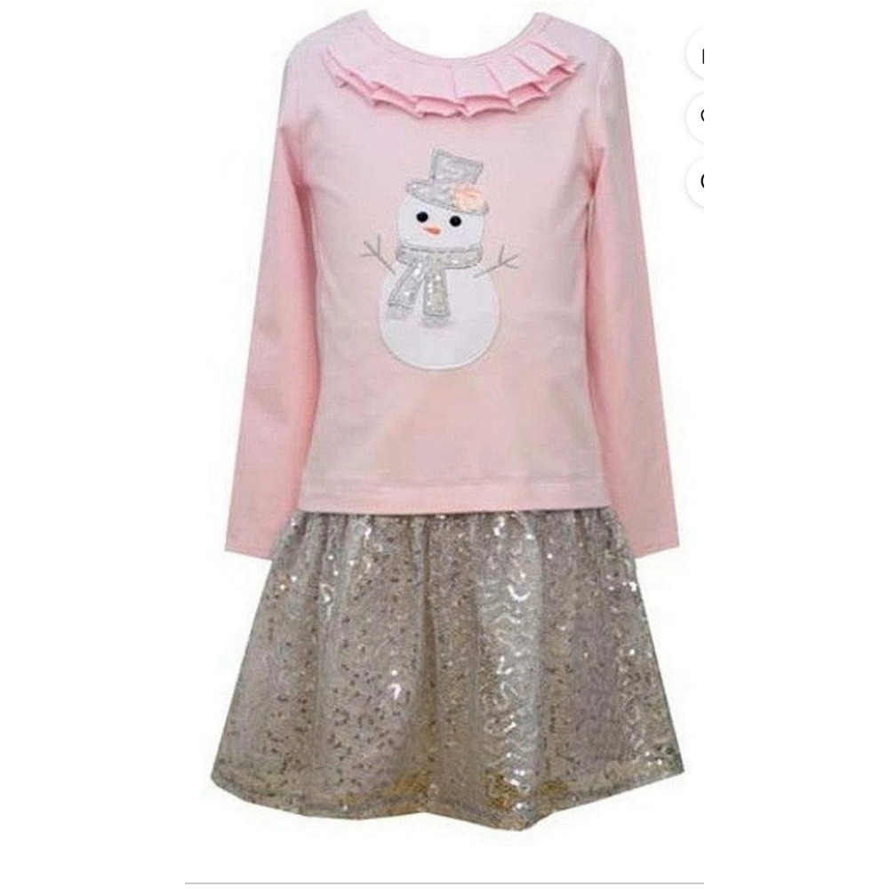 Bonnie Jean Girls Pink Snowman Long Sleeve Dress Sequin Skirt Size 12